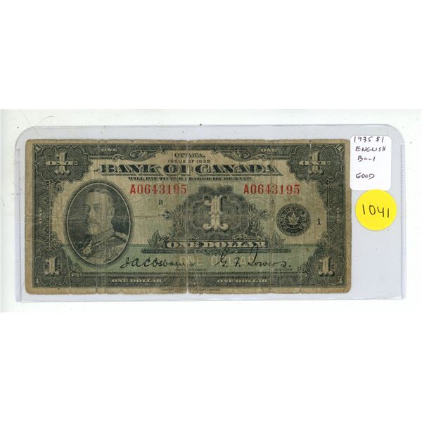 1935 $1 English. Osborne-Towers signatures. Series A. The first Bank of Canada issue. Good-4.