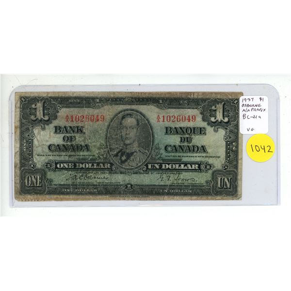 1937 $1. Osborne-Towers signatures. A/A Prefix. BC-21a (the first series). VG-8. Scarce.