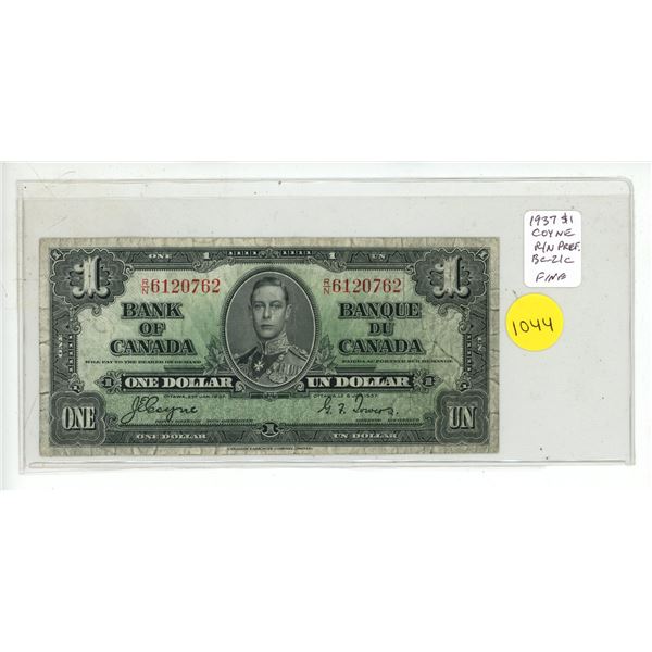 1937 $1. Coyne-Towers signatures. R/N Prefix. BC-21c. Fine12.