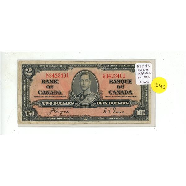 1937 $2. Coyne-Towers signatures. K/R Prefix. BC-22c. Fine12.