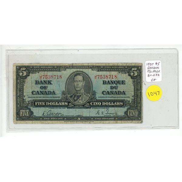 1937 $5. Gordon-Towers signatures. J/C Prefix. BC-23b. VG8.
