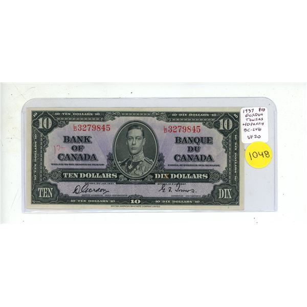 1937 $10. Gordon-Towers signatures. L/D Prefix. BC24b. VF20.