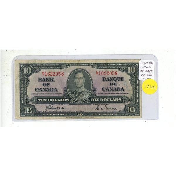 1937 $10. Coyne-Towers signatures. M/T Prefix. BC24c. Fine12.