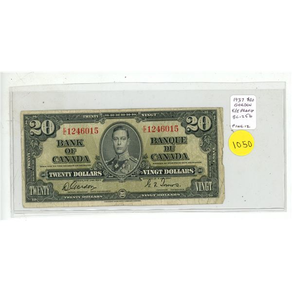 1937 $20. Gordon-Towers signatures. E/E Prefix. BC-25b. Fine12.