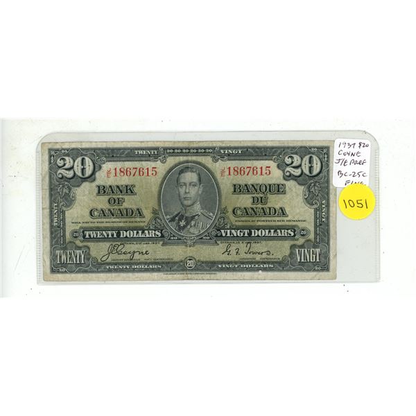 1937 $20. Coyne-Towers signatures. J/E Prefix. BC-25c. F12.