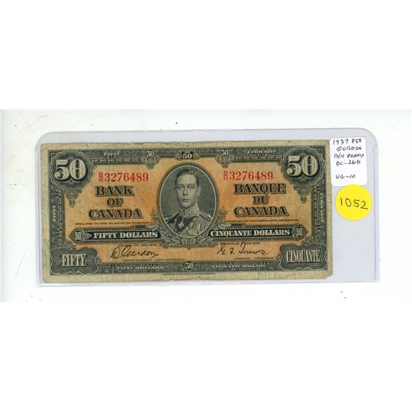 1937 $50. Gordon-Towers signatures. B/H Prefix. BC26b. VG10.