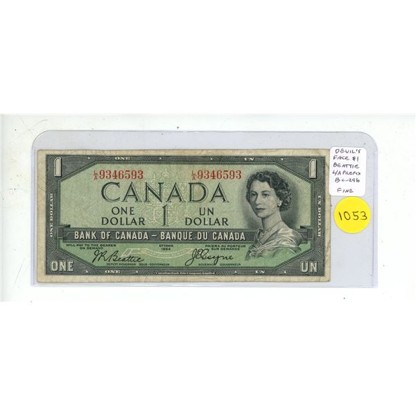 1954 Devil’s Face $1. Beattie-Coyne signatures. L/A Prefix. BC-29b. Fine-12.