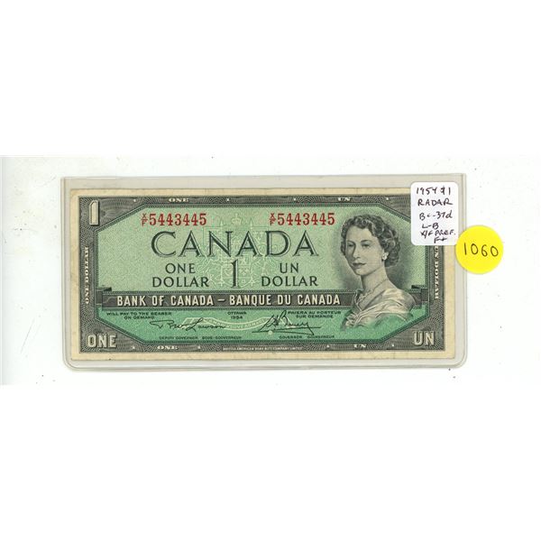 1954 Modified Portrait $1 RADAR. Lawson-Bouey signatures. X/F Prefix. RADAR Serial Number 5443445. B