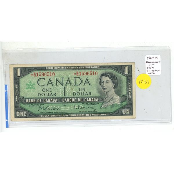 1967 $1 Replacement. Beattie-Rasminsky signatures. *B/M Replacement Prefix. BC45bA-i. VF20.