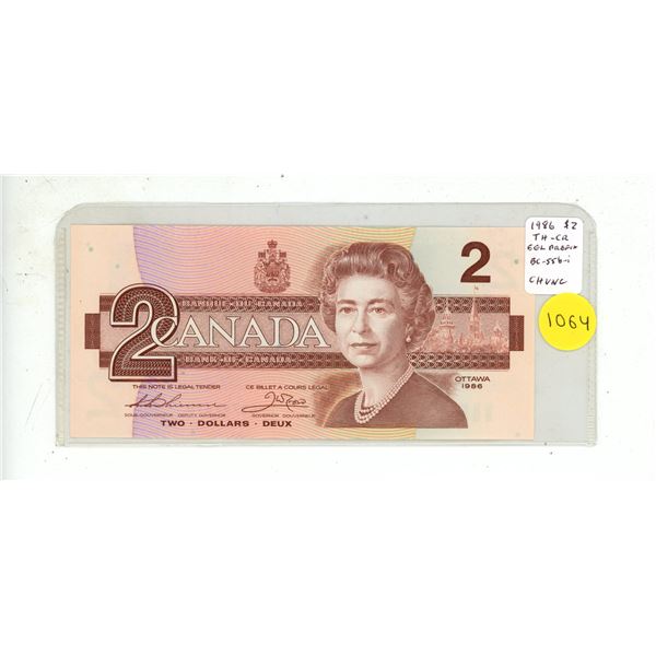 1986 $2. Thiessen-Crow signatures. EGL Prefix. BC-55b-i. Choice Uncirculated.