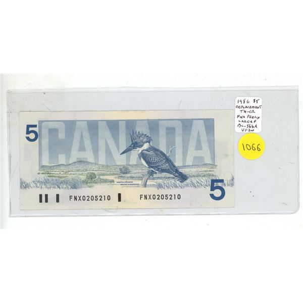 1986 $5 Replacement. Thiessen-Crow signatures. FNX Replacement Prefix. Large F. BC-56bA. VF20.
