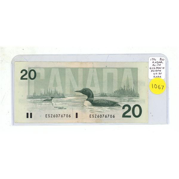 1991 $20 RADAR. Bonin-Thiessen signatures. ESZ Prefix. No Back Position Number. RADAR Serial Number 