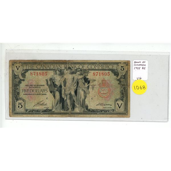 The Canadian Bank of Commerce. 1935 $5. One of the last Chartered Bank notes issued. VG8.