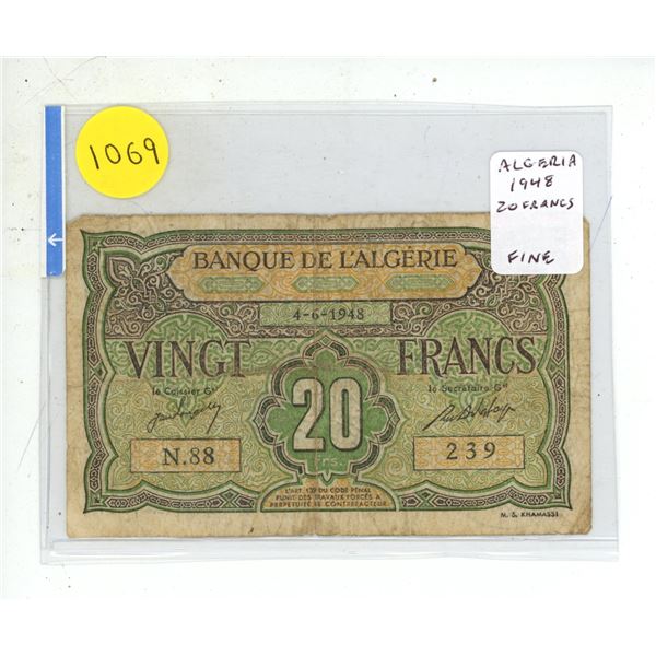 Algeria. Bank of Algeria. 1948 20 Francs. Fine.