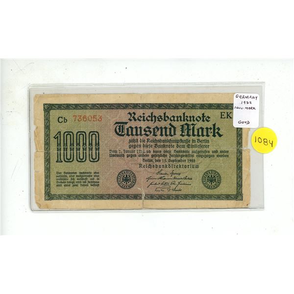 Germany. 1922 1000 Mark Reichsbanknote. The beginning of inflation. Good.