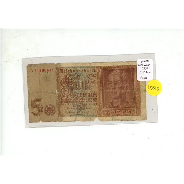 Nazi Germany. 1939 5 Reichsmark. Eagle with Swastika. Poor.
