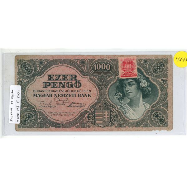 Hungary. 1945 1000 Pengo. Includes a Red Bank Stamp. Fine.