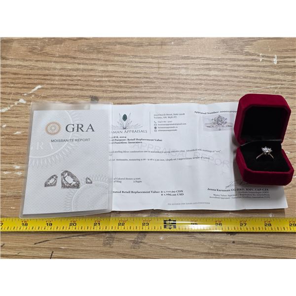 3ct Moissanite and sterling silver ring size 6- with authentication