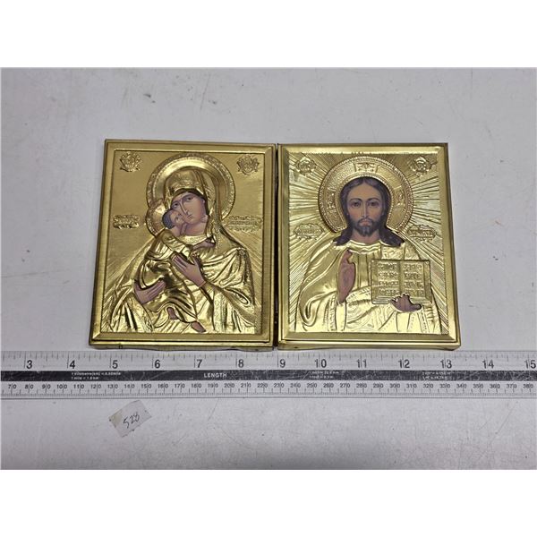 Two wall-hanging small Byzantine style icons of Christ and Blessed Virgin Mary.