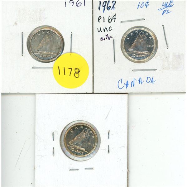 (1) 1961, (2) 1962 Canada Silver Ten Cents.