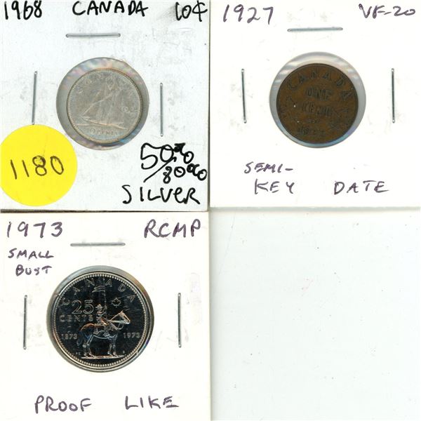 1968 Canada 10 Cents. (Might Be Silver Can't Prove Authenticity), 1927 Semi Key Date VF-20 One Cent 