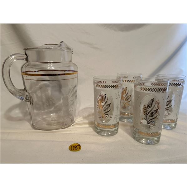 Anchor Hocking's 1950's set of 5 glassware gold band etched leaf pattern