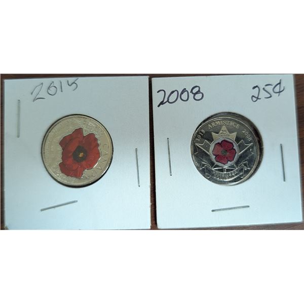 (2) Canadian 25 Cent Coins Remembrance Day From 2008 and 2015