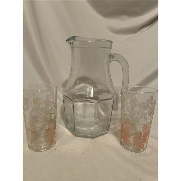 Vintage Pitcher -2glasses Flowers etched drinking glasses