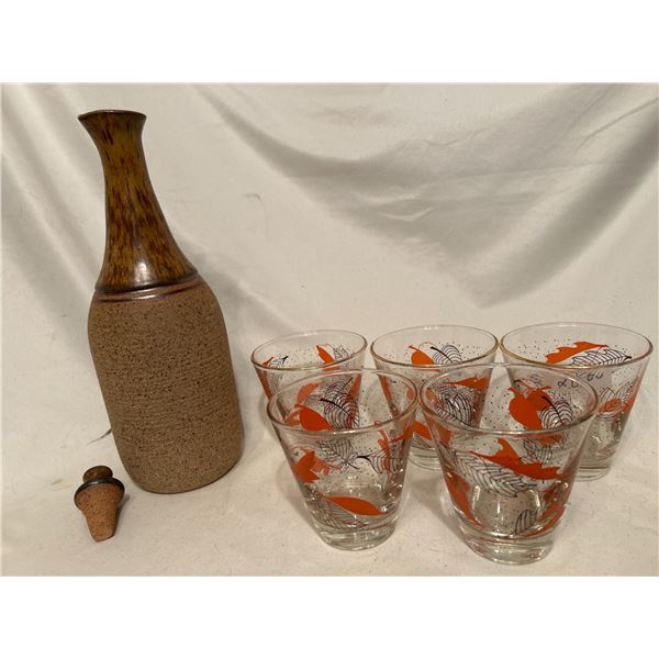 Ceramic Bottle with stopper, 5 Vintage gold rim orange leaf pattern glasses.