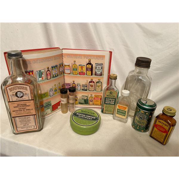 WATKINS collection 1930s 9 bottles and original showcase cookbook