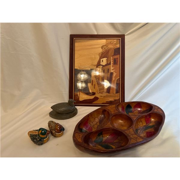 Traditional piece wood sculpture bowl, original wooden picture by the sea, stone carving