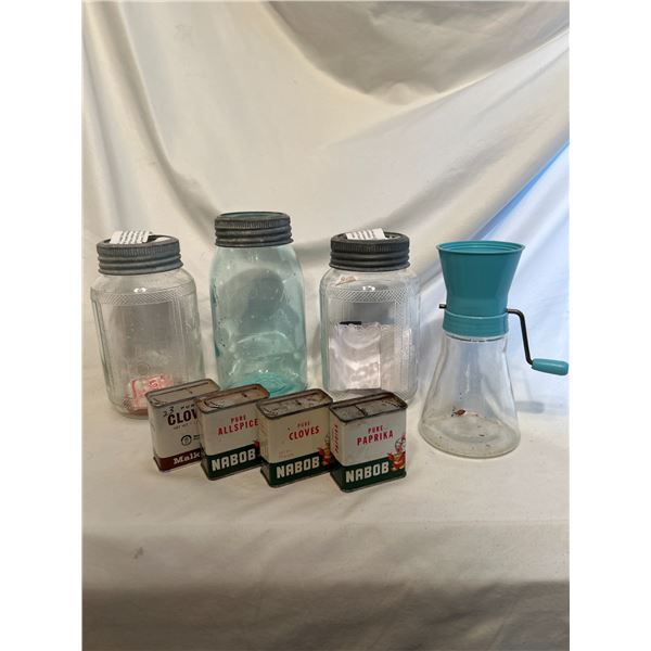 Nabob 2 vintage jars , Blue CROWN imperial quart , Blue Grinder , vintage spice containers