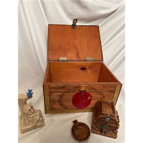 Large handmade wooden box , vintage ashtrays, humorous plaque