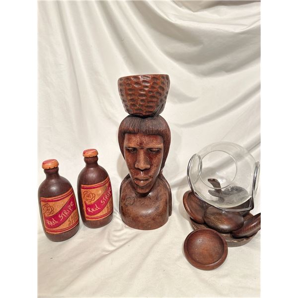 Heavy wood sculpture, original peanut dispenser w/tiny dishes , carved "red stripe" beer bottles