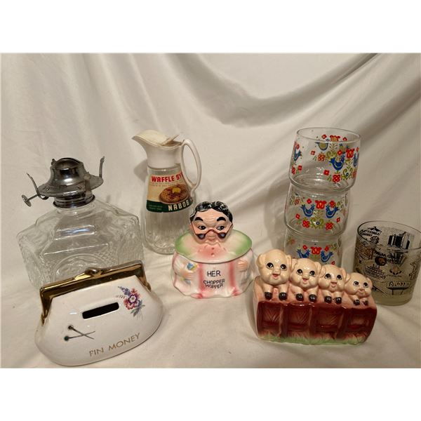 Misc. "chopper Hopper", "pin money", piggy bank, karosene glass lamp bottom.