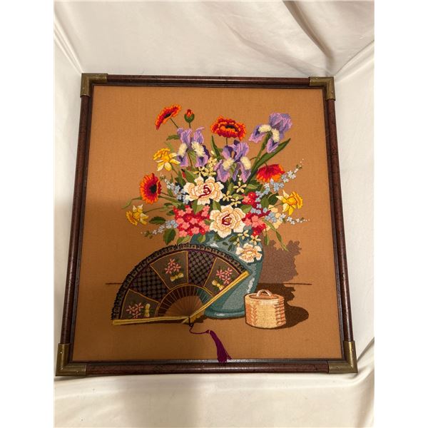 Crewel embroidery titled Fan and Flowers 19-1/2 x 21-1/2"