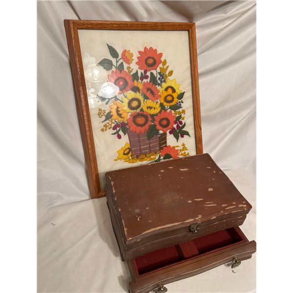 Vintage jewelry box (jasco)& Crewel embroidery artwork 1970 sunflowers/wildflowers in basket
