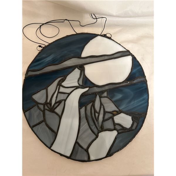 Stained Glass 10" round WOLVES in blue