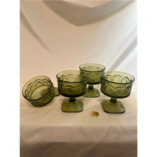 Indiana Glass olive green pressed glass dessert cups ( 1 broke on stem can be repaired)