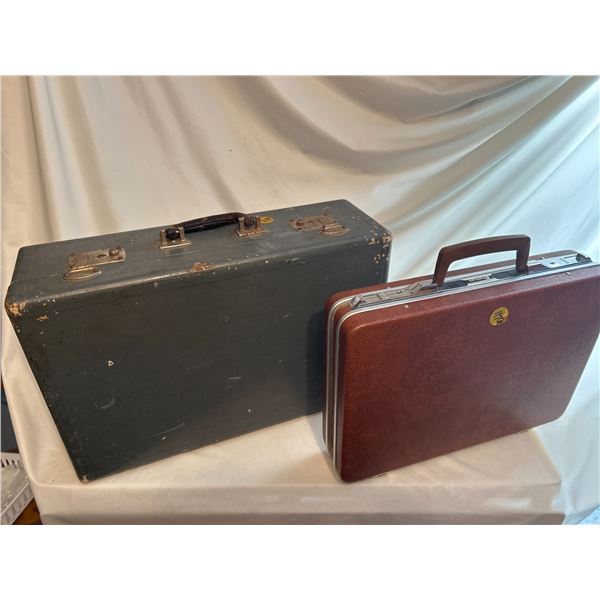 Vintage solid wood luggage and small brown briefcase