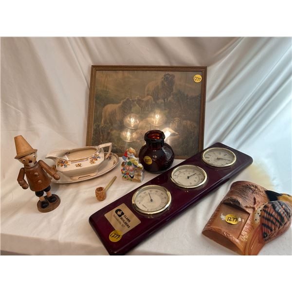 Misc Lot chalkware woodpecker note holder, gravy boat /dish, vintage lamb pic, large bottle