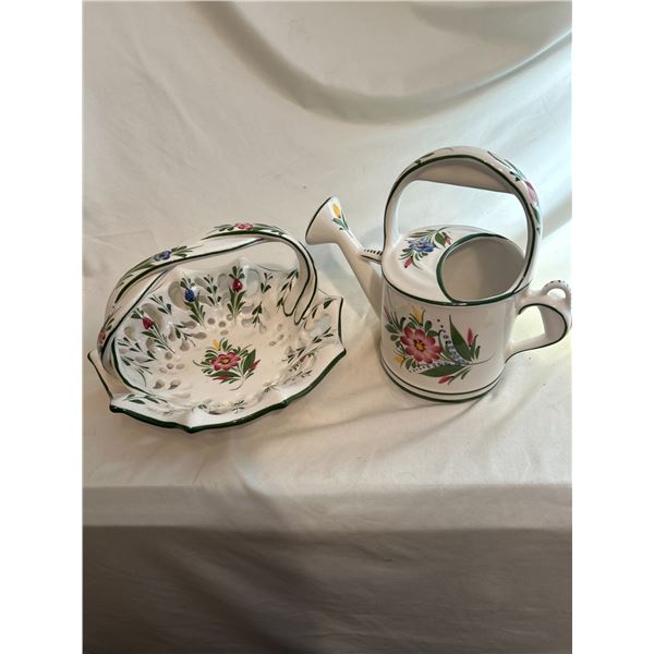 Ceramic hand painted decorative set watering can and basket . Made in Portugal