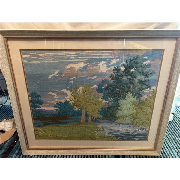 Beautiful hand stitched blues greens Meadow/Trees Heavy frame