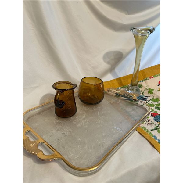 vintage glass tray, gold trim, etched design, amber cream & sugar, and green vase