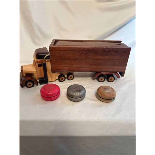 Wooden semi truck removable top and 3 vintage "yo-yos"