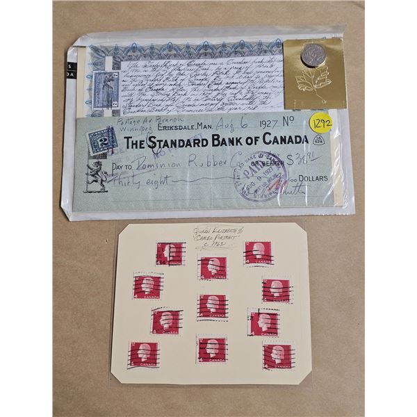1928 Canadian 5 Cent Coin, 1927 Cheque, 1963 Stamps