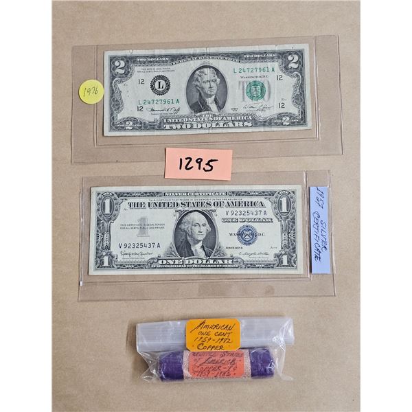1957 American One Dollar Bill (Silver Certificate), 1976 American Two Dollar Bill, Roll of American 