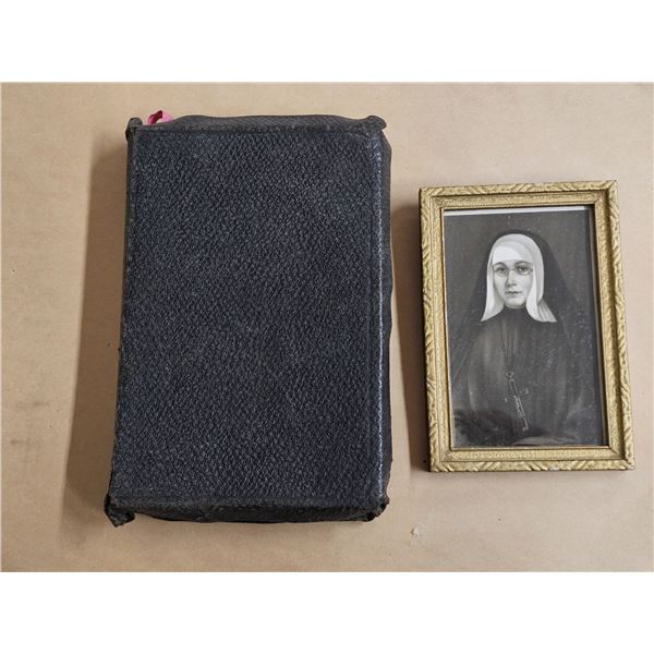 Antique Bible Signed "Xmas 1916", Nun Picture