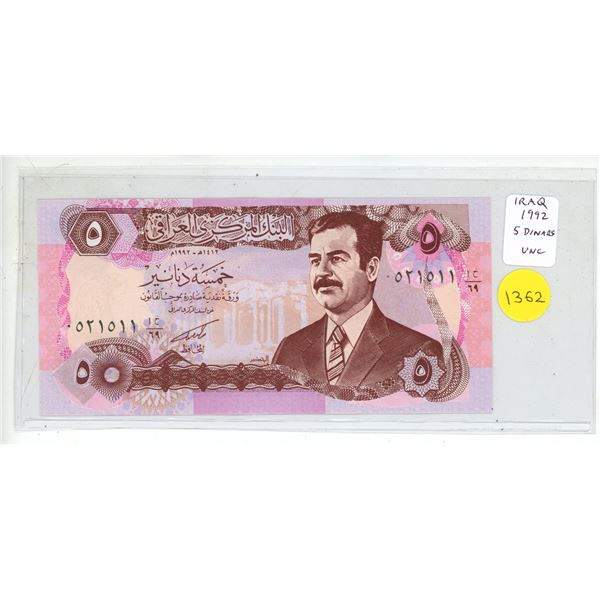Iraq. Central Bank of Iraq. 1992 5 Dinars. Saddam Hussein. Uncirculated.