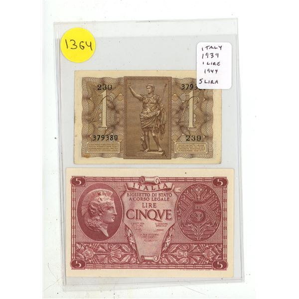 Italy under Mussolini. Set of 2 notes: 1939 1 Lire; 1944 5 Lira. Both VF or higher.